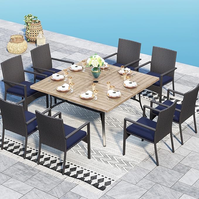 Sophia & William 9 Pieces Patio Dining Set for 8, 60" Large Square Patio Table and Rattan Chairs Set, All Weather Outdoor Dining Set, 8 People Metal Patio Table Set for Outside, Teak Color Tabletop