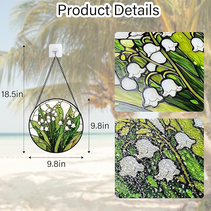 Stained Glass Window Hanging, Lily of The Valley Flower Sun Catchers Colorful Glass Panel Green Plants Suncatcher Decor for Birthday for Women, Men,Wife, Lovers, and Mom 9.8 in