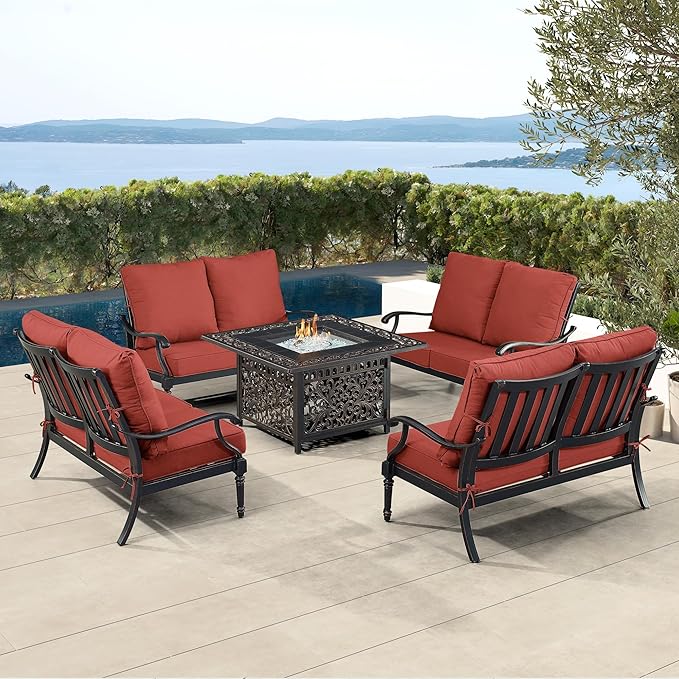 Oakland Living Black Aluminum Patio Fire Table Set with Four Deep Seating Loveseat with Cushions with Red Cushions