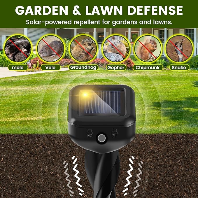 Solar Mole Repellent Stakes, Snake Repellent for Yard, Ultrasonic & Vibrating Deterrent Spikes Waterproof, Effective Get Rid of Vole Groundhog Gopher Skunk Snake Rabbit Chipmunk for Lawn Yard Garden