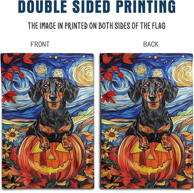 Stained Glass Dachshund Fall Garden Flag Halloween Pumpkin Yard Signs Autumn Sunflower Thanksgiving Banner for Outside 12x18 Double Sided Small Weiner Dog Outdoor Decorative