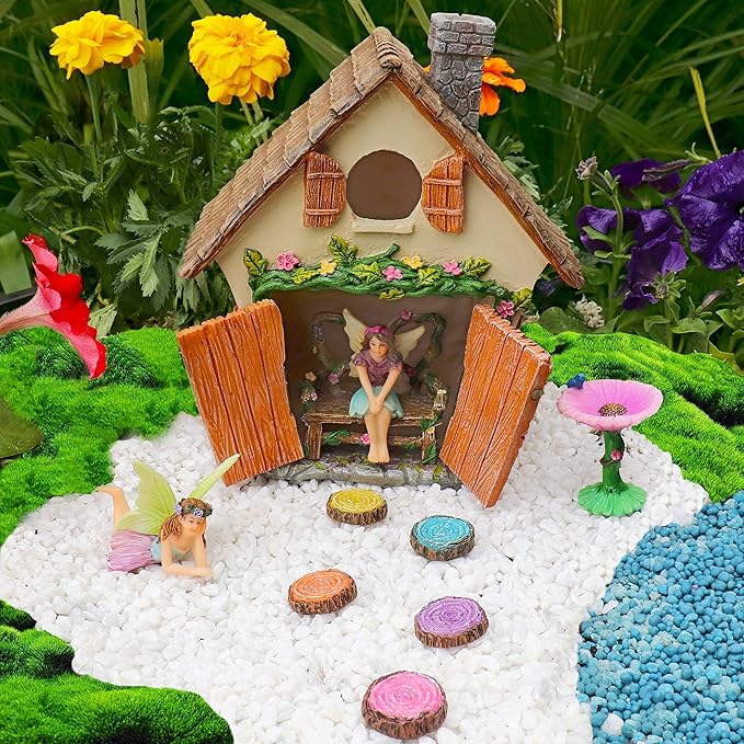 Meadow & Oak Fairy Garden House Kit - Complete with Fairy Garden Accessories, Butterly Seat, Bird Bath, Stepping Stones, Magnetic Door Closure for Indoor/Outdoor Fairy House