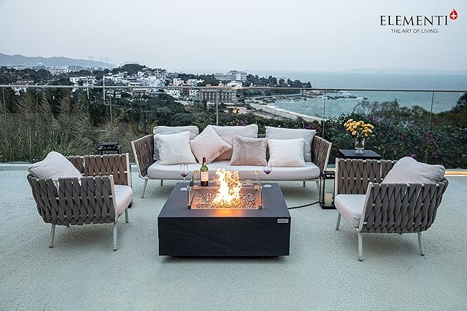 Elementi+ | Roraima Gas Fire Pit Cast Concrete 40" Square Fire Table, Outdoor Fire Pit Electronic Ignition | Canvas Cover, Fire Glass and Burner Lid Included | Dark Gray | Natural Gas