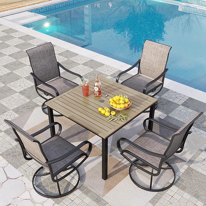 PHI VILLA 5 PCS Patio Dining Set, 4 Patio Swivel Dining Chairs & Square Brown Metal Slat Table Top with 1.57" Umbrella Hole, Outdoor Table and Chairs for All Weahter