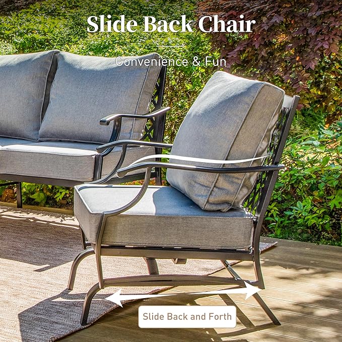 5 Piece Metal Outdoor Patio Furniture Set with Fire Pit Table, Patio Conversation Sets 4 Rocking Chairs with 5.75" Thick Cushion and 5000 BTU Fire Pit Table, Backyard Furniture, Gray