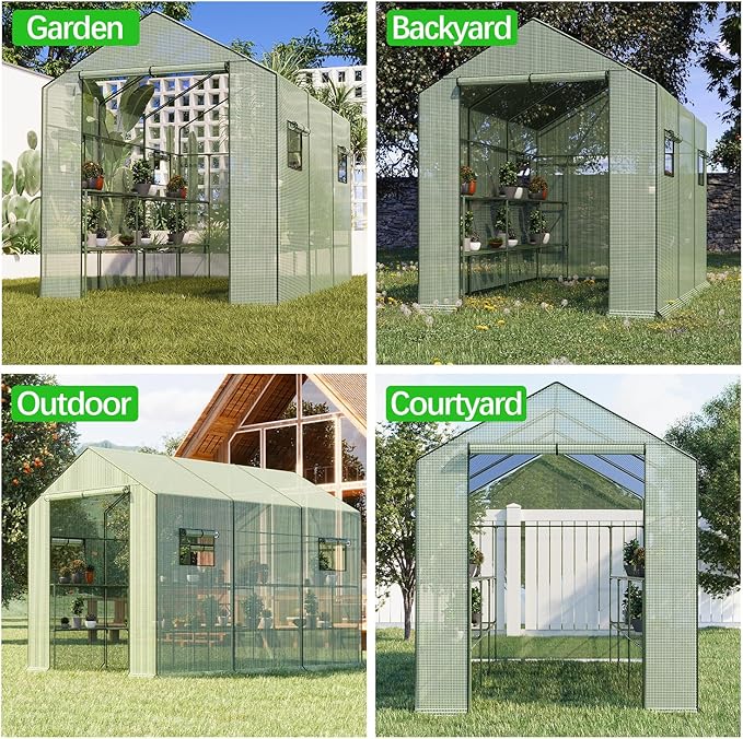9.75 ft Big Greenhouse, Waterproof Green Houses for Outdoor Garden, Portable Greenhouse for Yard with Roll-Up Zipper, 18 Shelves - Walk-in(9.75x6.9x5.6ft)