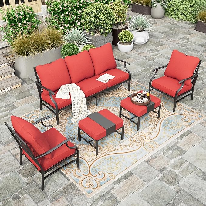 HERA'S HOUSE 5 Piece Patio Furniture Set, 2 x Leg Chair, 2 x Ottoman, 1 x 3-Seat Sofa, All Cushioned 7 Seats Metal Outdoor Conversation Set for Lawn Garden Backyard