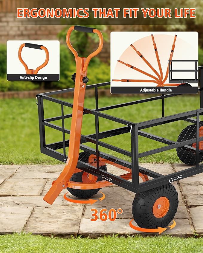 Heavy Duty Steel Garden Cart, 1200 LBS Capacity 3 in 1 Pullable Garden Wagon with 13" Wheels, for Gardening Soil, Tools, and Plant Transport