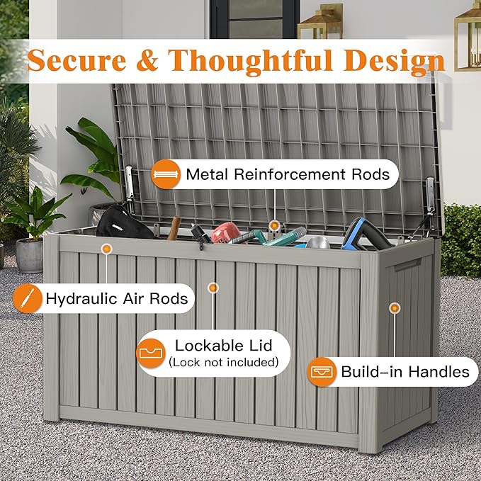 180 Gallon Outdoor Storage Box, Waterproof Deck Box with Handles and Lockable Lid, Resin Patio Storage Box with Hydraulic Rods for Garden Tools, Cushions, Grey