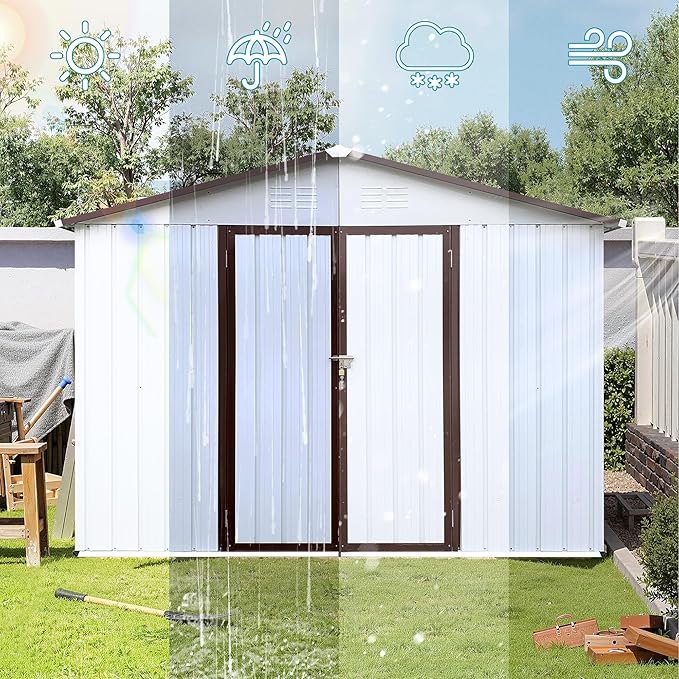 Sheds & Outdoor Storage 8 ft × 10 ft Storage Shed Large Classic Apex Roof Metal Garden Storage Sheds with Hinged Door Tool Cabinet for Backyard, Patio, Poolside, White + Coffee
