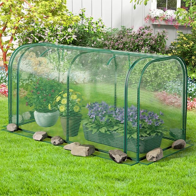 Mini Greenhouse, 47" x 22" x 24" Portable Greenhouse with Roll-Up Door, Ground Stakes, Metal Frame, Waterproof & Sun-Protective PE Cover, Small Green House for Outdoors & Indoors (Green)