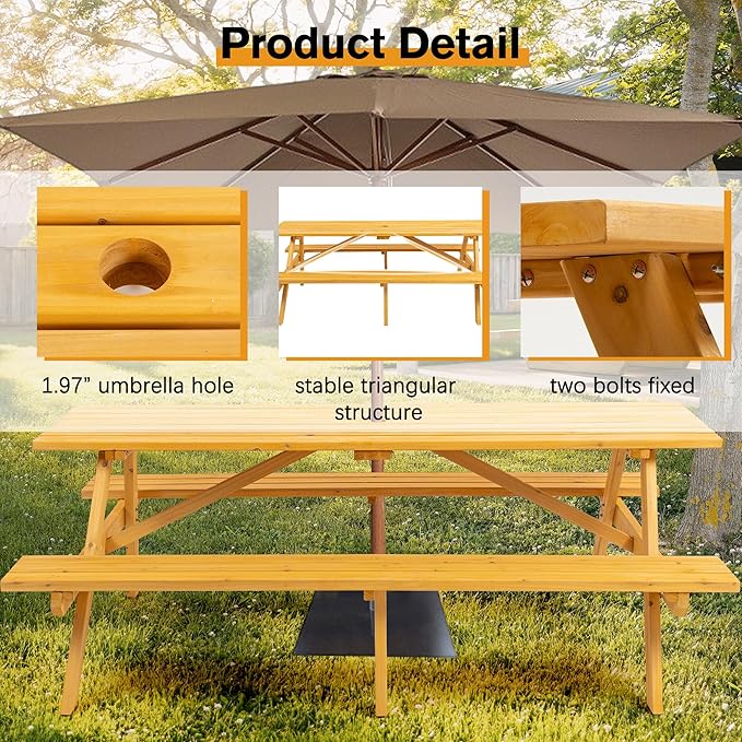 Outdoor Wooden Picnic Table with Benches Camping Dining Table for Garden Patio Backyard,Natural Color (Natural, Rectangle)