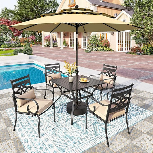 PHI VILLA Outdoor Patio Dining Set for 4 People with 10ft 3-Layer Auto-tilt Round Umbrella(Beige), Includes 4 Outdoor Chairs with Cushions and a Metal Square Table, Perfect for Garden, Lawn, or Deck