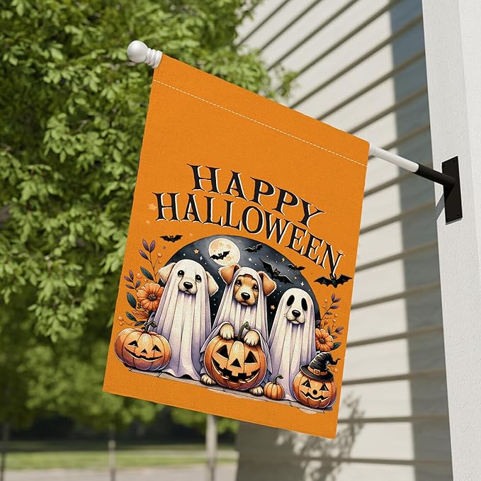 Happy Halloween Garden Flag for Outside, 12x18 Inch Double Sided Halloween Dog Pumpkin Ghost Bats Yard Flag, Farmhouse Small Yard Flags for Outdoor Decorations, Holiday Decor Gifts-A05