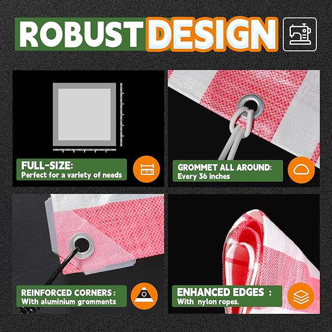 RAINDEWAY Tarps 7x30 Feet,12 Mil Sunshade Striped Tarp Waterproof,Multipurpose Poly Tarp Cover with Grommets and Reinforced Edges,Red/White Tarps