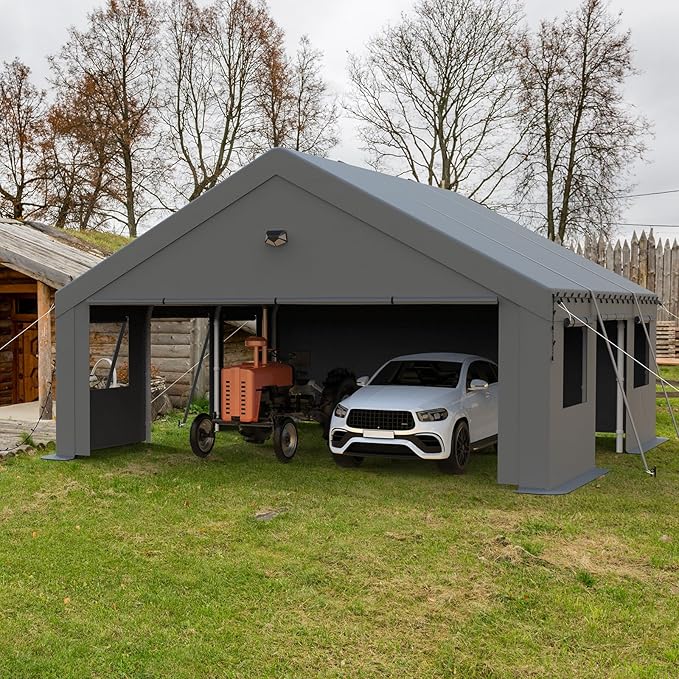 20x20 Carport, Heavy Duty Carport Canopy Garage with Removable Sidewalls and Drive Through Roll Up Zipper Doors & Side Doors, Grey
