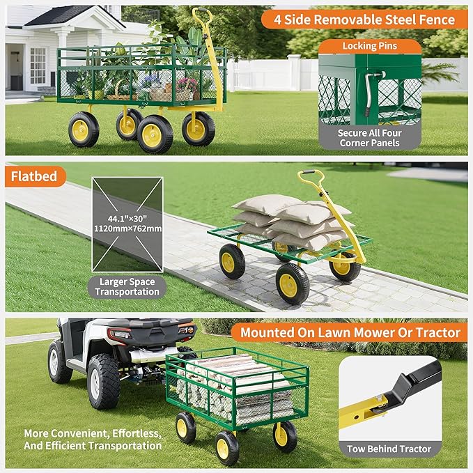 3-in-1 Heavy-Duty Steel Garden Cart, 1400 Lbs Garden Wagon, with 13 Inch All-Terrain Tires and Removable Mesh Side Panels, 180° Rotating Handle, Metal Multi-Function Carts, Outdoor Gardens Wagon Cart