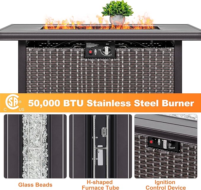 Nuu Garden Outdoor 43 Inch 50,000 BTU Propane Gas Fire Pit Table, Aluminum Tabletop and PE Rattan Weaved Steel Frame, Water-Proof Oxford Cover, Glass Beads, Lid, Dark Brown