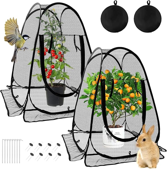 2 Pack Pop-Up Mesh Plant Protectors - 28x28x34 Inch Plant Cover Net Each Set with 8 Stakes (with Washers) & 1 Carry Bag to Protect Vegetables, Fruits, Flowers