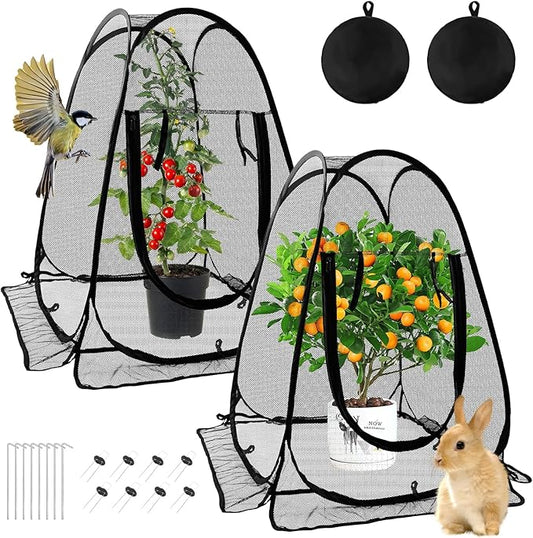 2 Pack Pop-Up Mesh Plant Protectors - 28x28x34 Inch Plant Cover Net Each Set with 8 Stakes (with Washers) & 1 Carry Bag to Protect Vegetables, Fruits, Flowers