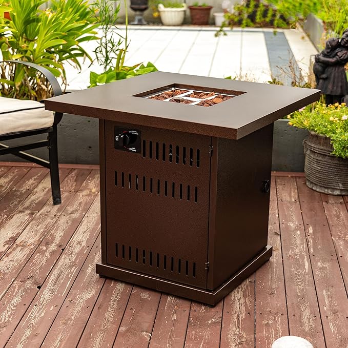 28'' Propane Fire Pit Table, 50,000 BTU Fire Table with Steel Lid, Big Legs, Laval Rocks, Deck Safe Fire Pit, Gas Fire Pits for Outside Patio, Brown.