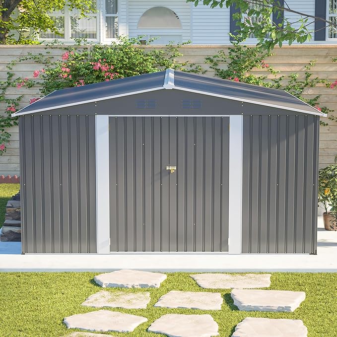 12x14FT Outdoor Storage Shed Metal Shed W/Floor Frame,Garden Tool House W/ 4 Air Vents,Lockable Double Doors & Sloped Roof,for Patio,Lawn,Backyard,Light Gray