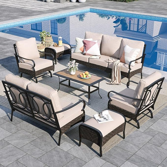 Sophia & William Patio Furniture Set, Outdoor Metal Conversation Set 9 Seats with 3-Seater Sofa, 2 Motion Chairs, 1 Loveseat, 2 Ottoman,1 Coffee Table for Seating, Lawn Porch Backyard,Beige