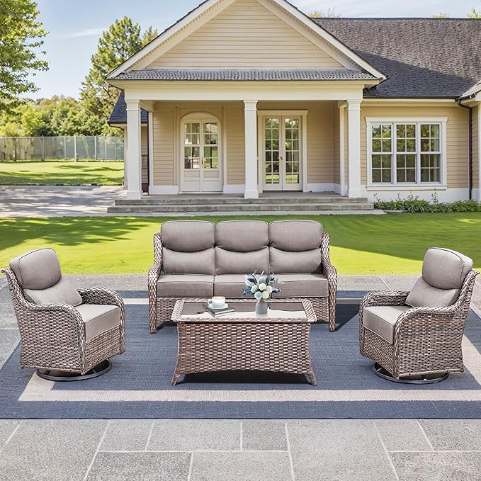 Luxury High Back Outdoor Furniture with 6-Inch Thick Cushions, Patio Furniture Set with Swivel Chairs, 4 PCS Wicker Conversation Set for Porch, Balcony, Deck and Yard