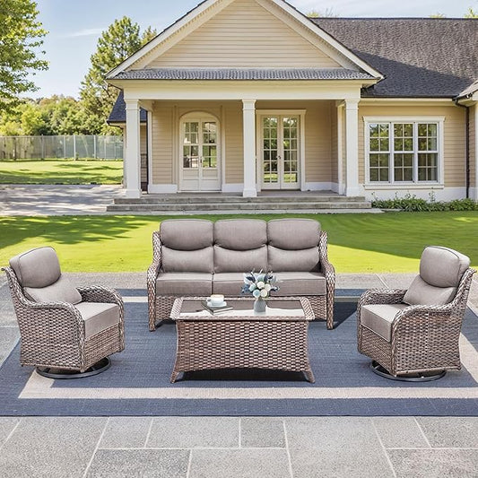 Luxury High Back Outdoor Furniture with 6-Inch Thick Cushions, Patio Furniture Set with Swivel Chairs, 4 PCS Wicker Conversation Set for Porch, Balcony, Deck and Yard