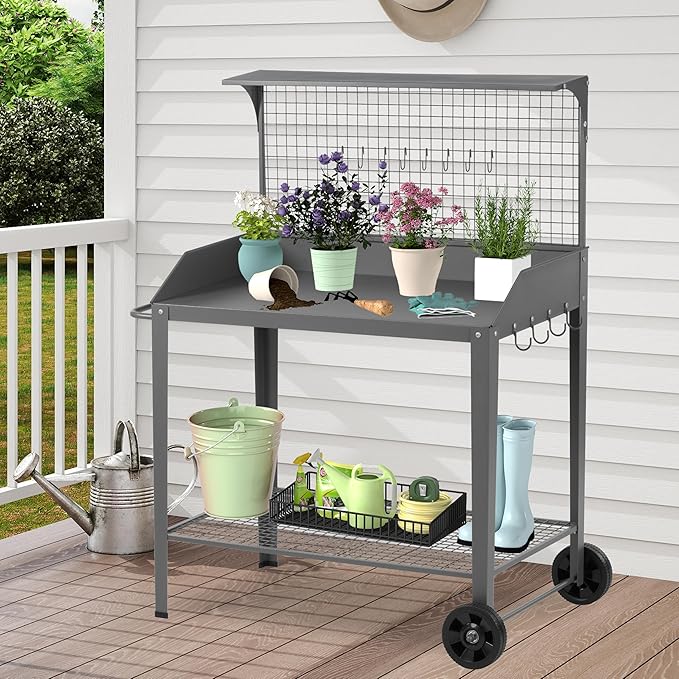 Outdoor Metal Potting Bench with Wheels, Heavy Duty Garden Workbench Table with Storage Shelf (Dark Gray, 52.8"x36.6")