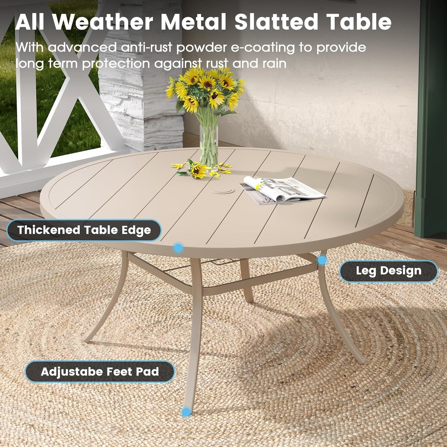 DIFY 60" Round Outdoor Patio Dining Table for 8-10, Metal Patio Table with 1.57" Adjustable Umbrella Hole, All-Weather Dining Furniture Table for Backyard Lawn Garden, Cream