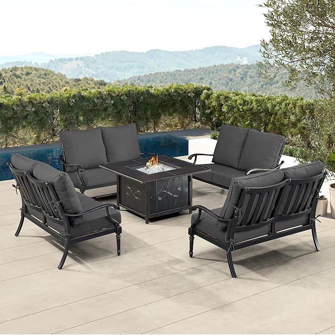 Oakland Living Black Aluminum Patio Fire Table Set with Four Deep Seating Loveseat with Cushions with Black Cushions