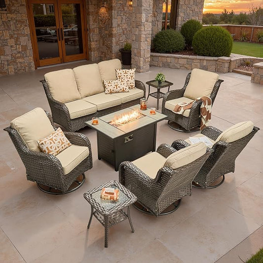 ovios 8 Pieces Patio Furniture Set, Outdoor Wicker Sofa Couch with Swivel Chairs 42" Fire Pit Table, All Weather High Back Modern Conversation Sets, Brown Rattan, Beige
