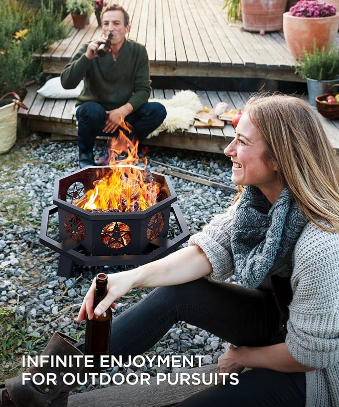 35 inch Fire Pit, Outdoor Fire Pit Wood Burning Fire Pits with Cooking Grill, Large Firepits for Outside Octagonal Heavy Duty Firepit with Poker for Bonfire, Backyard, Patio, Picnic, Camping