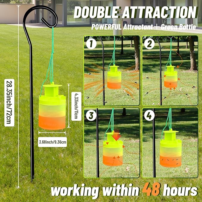 4 Pack Reusable Outdoor Fly Trap with Shepherd Hooks, Non-Toxic Bait for Farm, Garden, Patio. Hanging Flies Killer Catcher, Outside Weather Resistant Bug Control