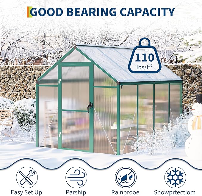 6 x 8 FT Greenhouse, Sunroom, Aluminum Frame and Ground Spikes, Upgraded Handles, Lockable Door and Adjustable Roof Vents, Greenhouse for Backyard, Outdoor Garden, Backyard, Patio