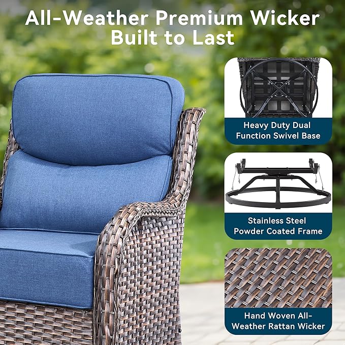 Luxury High Back Outdoor Furniture with 6-Inch Thick Cushions, Patio Furniture Set with Swivel Chairs, 5 PCS Wicker Conversation Set for Porch, Balcony, Deck and Yard