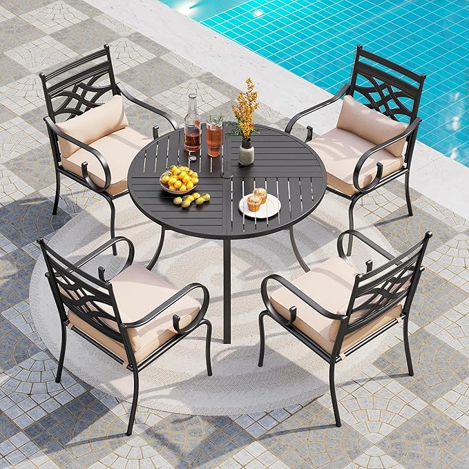 PHI VILLA 5 Pcs Patio Dining Set,Outdoor Table Chair Set for 4 with Outdoor Chairs and Metal Frame Steel Round Table,Outdoor Dining Furniture with Cushion and Pillow for Garden Lawn Deck