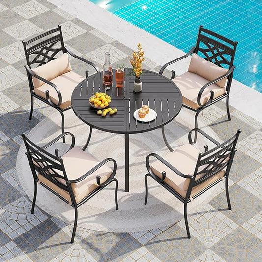 PHI VILLA 5 Pcs Patio Dining Set,Outdoor Table Chair Set for 4 with Outdoor Chairs and Metal Frame Steel Round Table,Outdoor Dining Furniture with Cushion and Pillow for Garden Lawn Deck