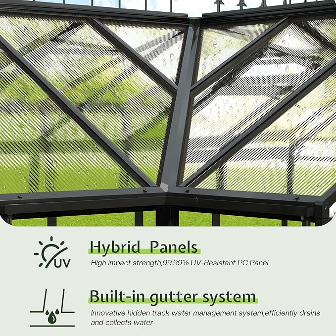 AMERLIFE 12x10x8 FT Hybrid Polycarbonate Walk-in Greenhouse for Outdoors, Aluminum Frame with Quick-Connect Assembly, Double Doors, Ventilation for Backyard Garden, Black