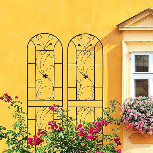 2 Pack Metal Garden Trellis for Climbing Plant Rose Stand,86.7'' Tall Black Pattern Outdoor Flower Support Iron Garden Fence, Black