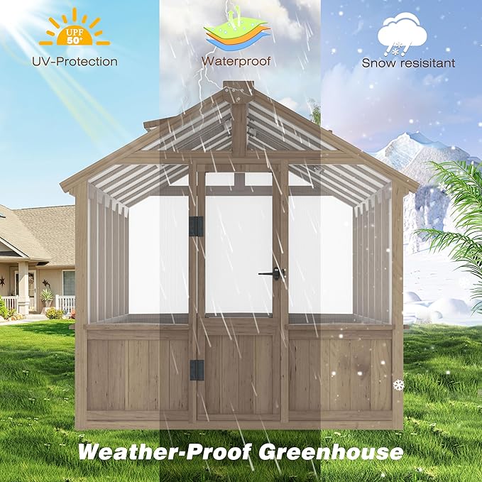 BlueWish 6x12FT Greenhouse, Wood Greenhouses with 6MM Thick Polycarbonate, Adjustable Vent, Cedar Frame, Greenhouse for Outside, Garden, Backyard,Light Brown Mocha