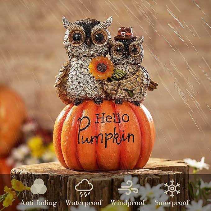 TERESA'S COLLECTIONS Fall Decor, Fall Owl Decor, Owl Perch on Pumpkin with Solar Light, Outdoor Fall Decor Waterproof Resin, Fall Gifts Outdoor/Indoor, 7.1"