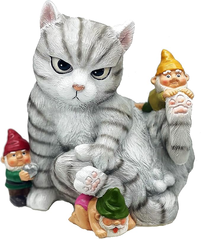 Add a Playful Touch to Your Garden with Our Cat and Gnomes Garden Statue - Perfect for Cat Lovers and Garden Enthusiasts - 8.5 Inces