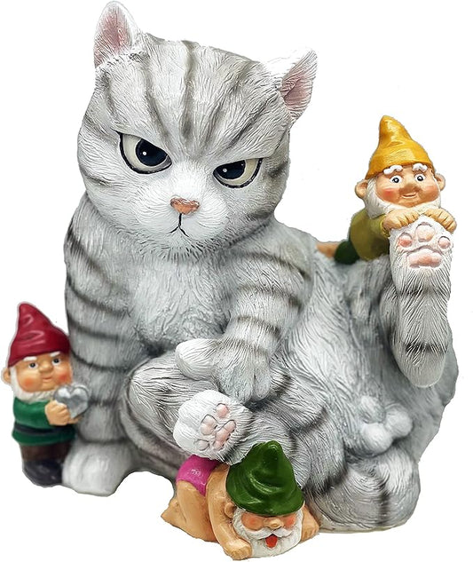 Add a Playful Touch to Your Garden with Our Cat and Gnomes Garden Statue - Perfect for Cat Lovers and Garden Enthusiasts - 8.5 Inces