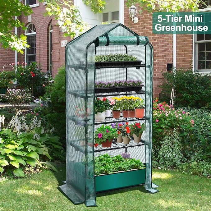 Mini Greenhouse for Indoor Outdoor, 5 Tier Shelves Rack Small Green House Heavy Duty with Waterproof Mat, Portable Plants Seedling Supplies Durable PE Plastic Cover with Tape, Gardening Gifts