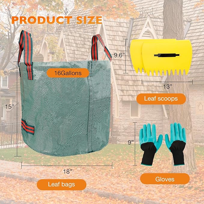 Sickle Garden Tool Set, Long Handle Weeding Sickle with Serrated Double-Edged Blade, Grass Sickle Stand Up Weeding Tool with 2 Pack Leaf Scoops, 16 Gallon Lawn Bag with Gardening Gloves for Yard