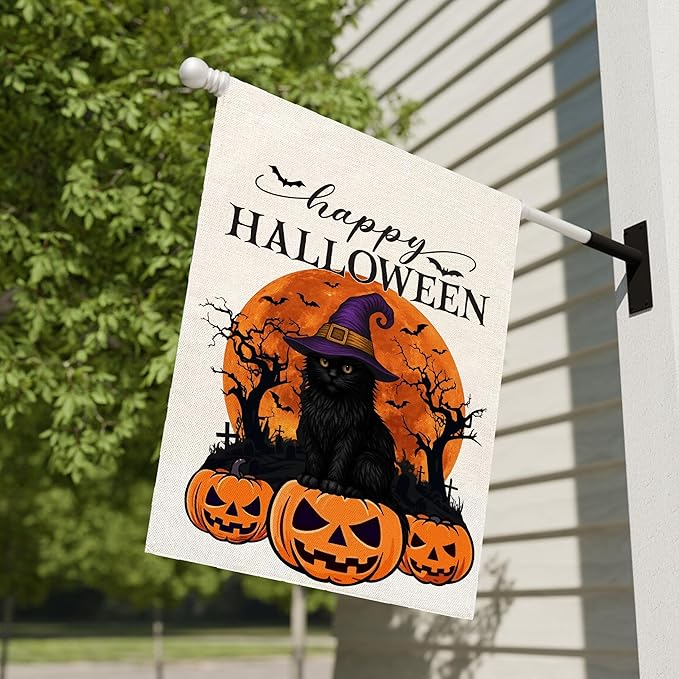 Happy Halloween Garden Flag for Outside, 12x18 Inch Double Sided Halloween Black Cat Witches Hat Pumpkin Bats Yard Flag, Farmhouse Small Yard Flags for Outdoor Decorations, Holiday Decor Gifts-A06