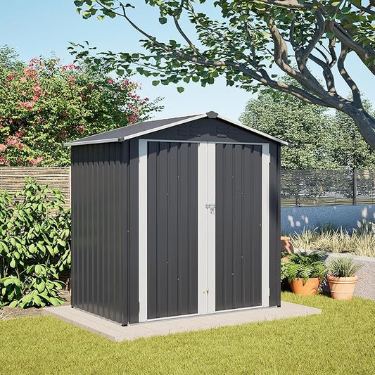 6 x 4 FT Outdoor Storage Shed with Floor Base & Lockable Hinge Door,Metal Garden Shed W/Sloped Roof,for Backyard Patio Lawn,Gray