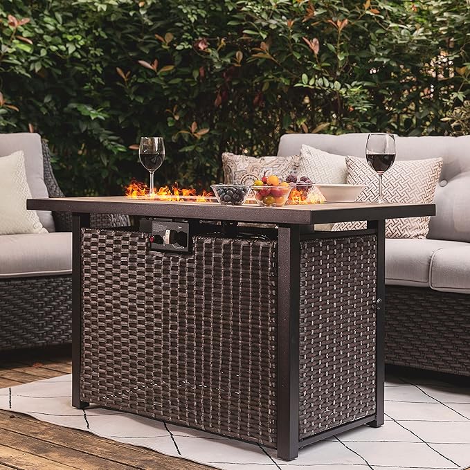 Nuu Garden Outdoor 43 Inch 50,000 BTU Propane Gas Fire Pit Table, Propnae Fire Pit with Ceramic Tabletop, Oxford Cover, Dark Brown and Coffee